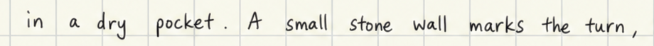 Original handwriting: in a dry pocket. A small stone wall marks the turn,