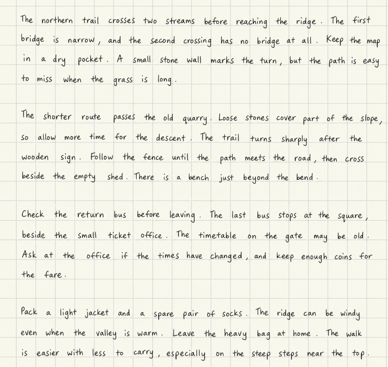 AI-generated handwritten passage on paper for Trail Notes